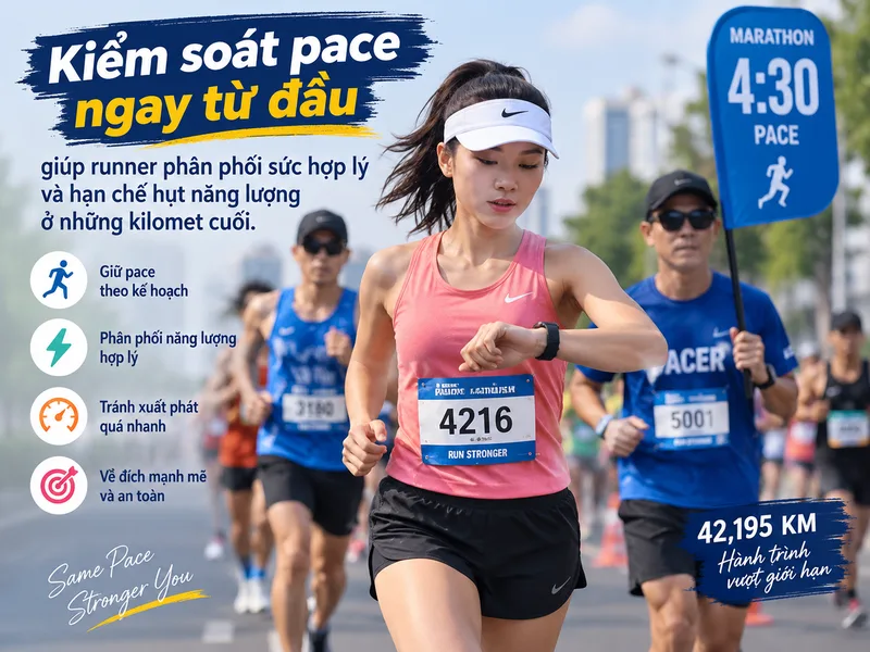 Kiểm soát pace ngay từ đầu giúp runner phân phối sức hợp lý và hạn chế hụt năng lượng ở những kilomet cuối.