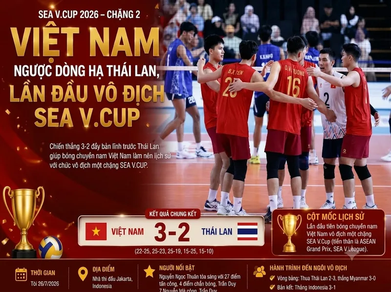 Trận chung kết kéo dài năm set trước khi Việt Nam thắng 15-10 ở set quyết định và hoàn tất chiến thắng lịch sử trước Thái Lan.
