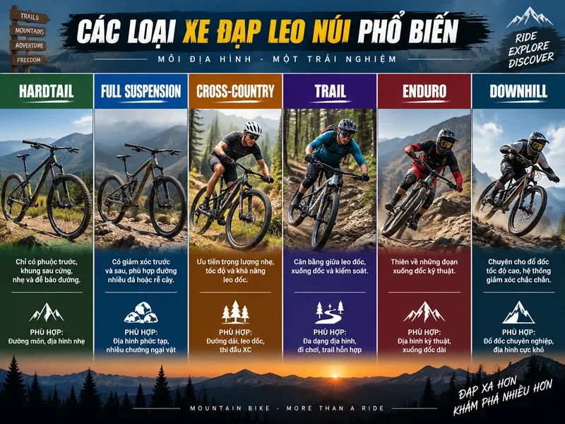 Các dòng xe đạp leo núi khác nhau phù hợp với từng mục đích từ đi nhẹ đến chinh phục địa hình khó.